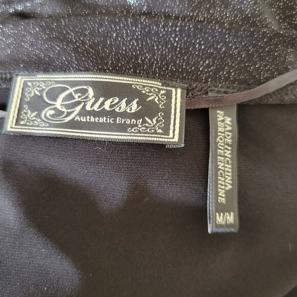 Guess M Black Metallic Silver Long Sleeve Shimmer Dress Sweetheart Draped Neck - Picture 2 of 7